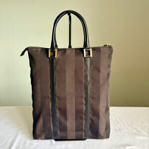 Vintage Findi Pequin Canvas & Leather Shopping Tote Bag with Gold Hardware